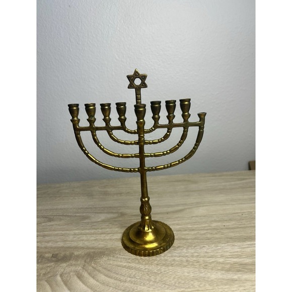 Hanukkah Menorah Jewish Judaica Israel Vintage Brass Chanukah Candle Holder - Picture 1 of 7